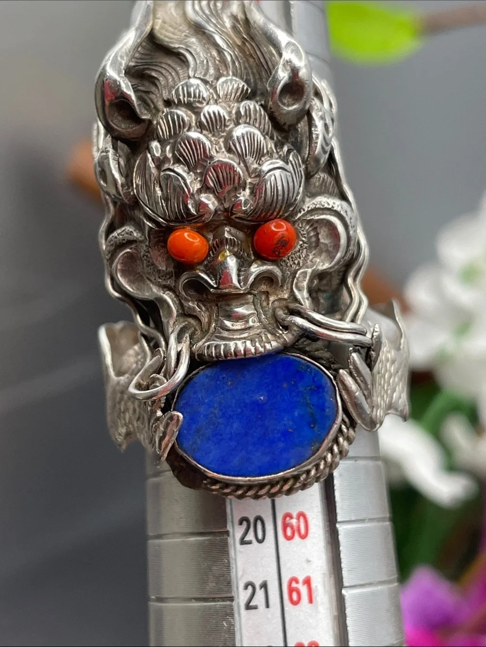 Dragon sterling, coral and lapis lazuli ring